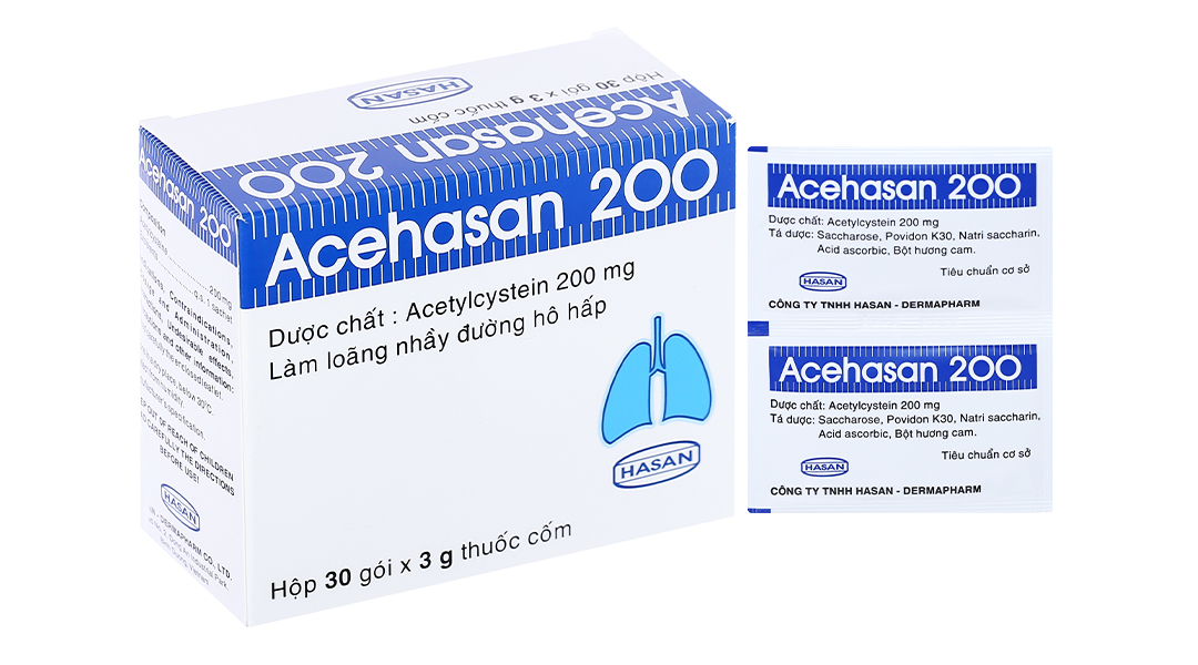 Thuốc cốm Acehasan 200 tan đàm trong bệnh lý hô hấp (30 gói x 3g)