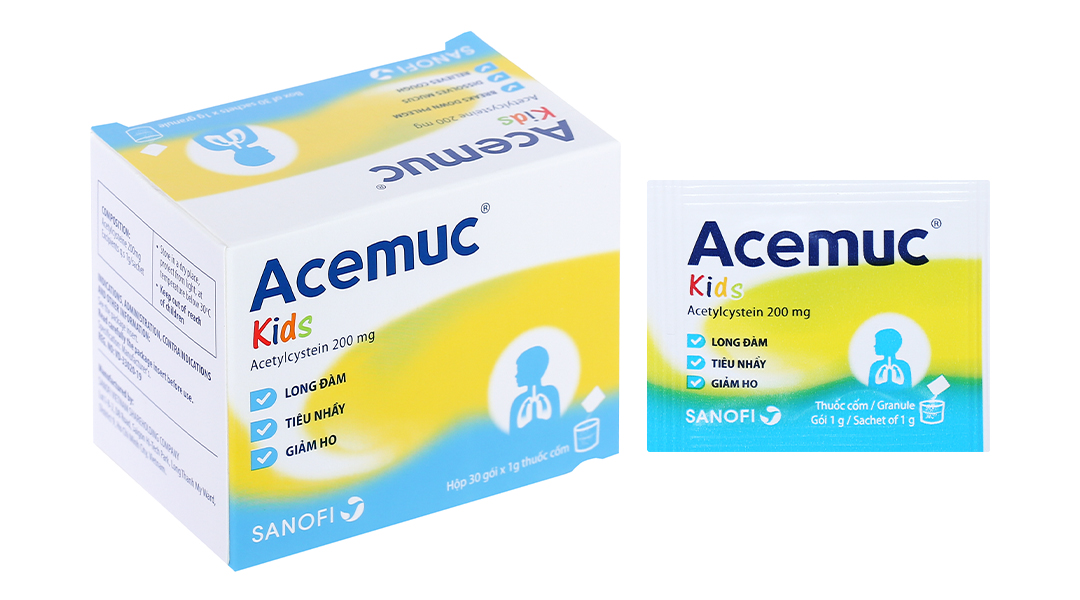 Thuốc cốm Acemuc Kids 200mg tan đàm trong bệnh lý hô hấp (30 gói x 1g)