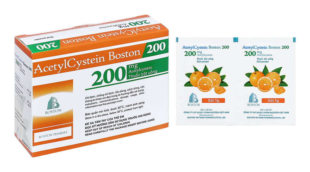 Thuốc bột Acetylcystein Boston 200 tan đàm trong bệnh lý hô hấp (30 gói x 1g)