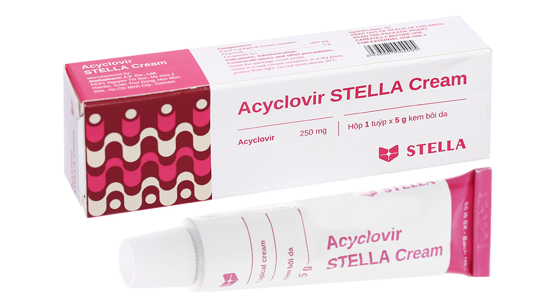 Kem bôi Acyclovir Stella Cream trị nhiễm virus Herpes simplex da tuýp 5g