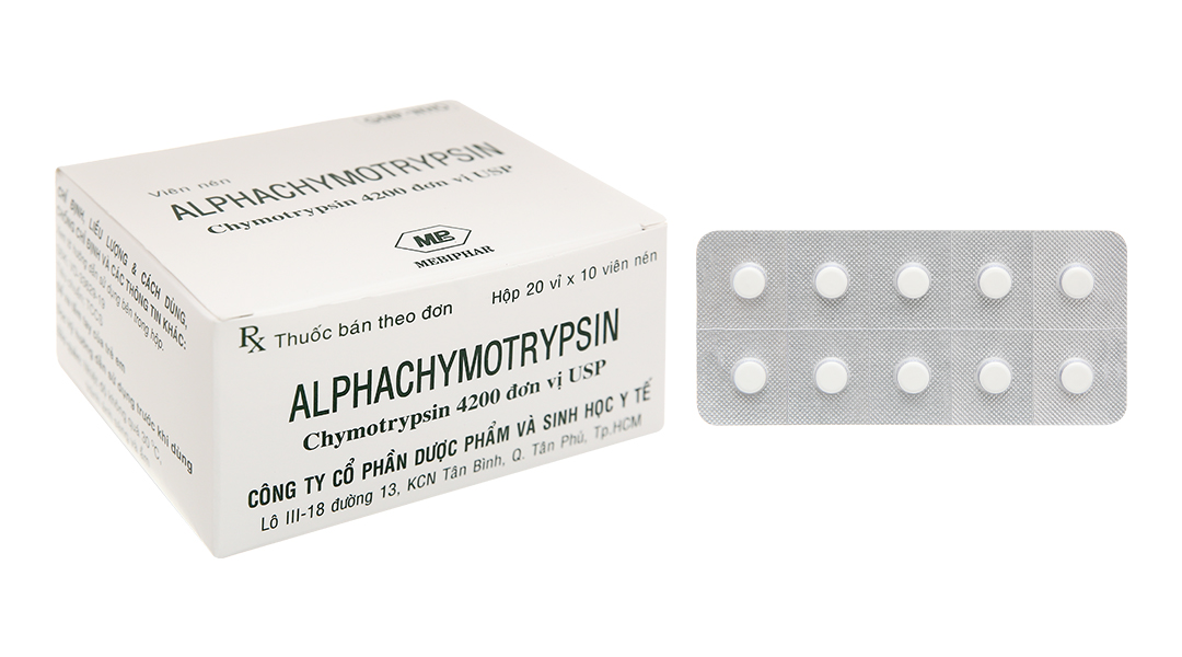 Alphachymotrypsin Mebiphar 4200 IU trị phù nề sau chấn thương (20 vỉ x 10 viên)