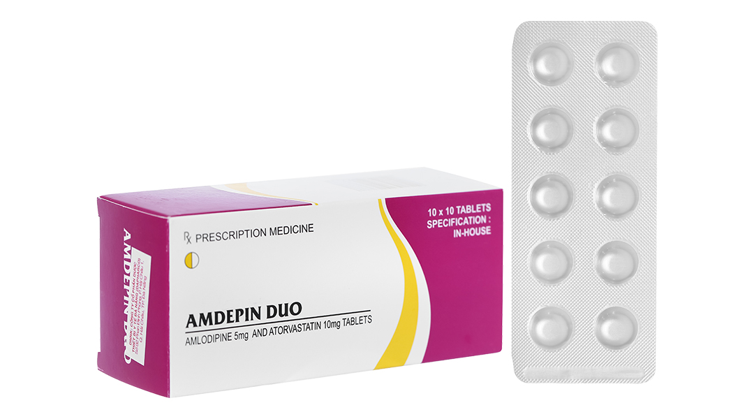 Amdepin Duo 5mg/10mg trị tăng huyết áp, đau thắt ngực (10 vỉ x 10 viên)