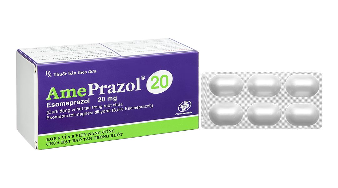 AmePrazol 20 trị viêm xước dạ dày, trào ngược dạ dày thực quản (5 vỉ x 6 viên)