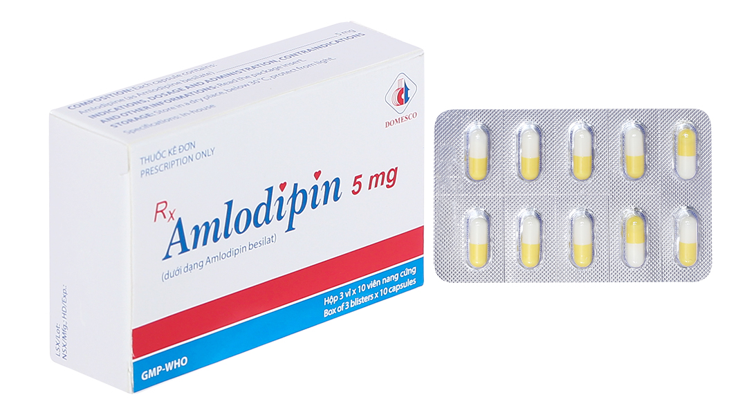 Amlodipin Domesco 5mg trị tăng huyết áp, đau thắt ngực (3 vỉ x 10 viên)