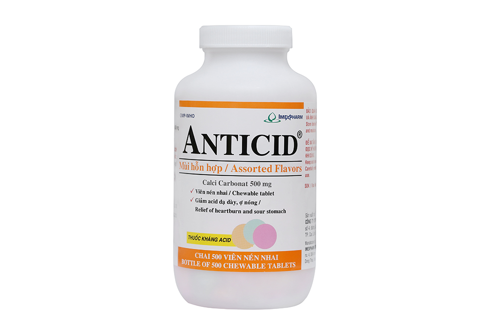 Viên nhai Anticid 500mg giảm ợ nóng, khó tiêu lọ 500 viên