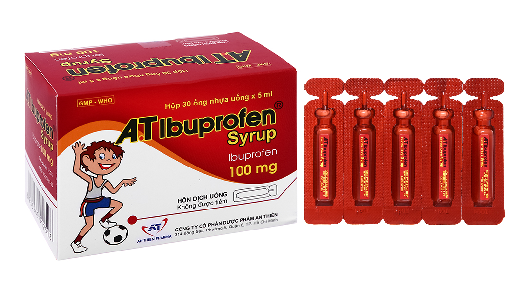 Hỗn dịch uống A.T Ibuprofen 100mg/5ml giảm đau, hạ sốt (30 ống x 5ml)