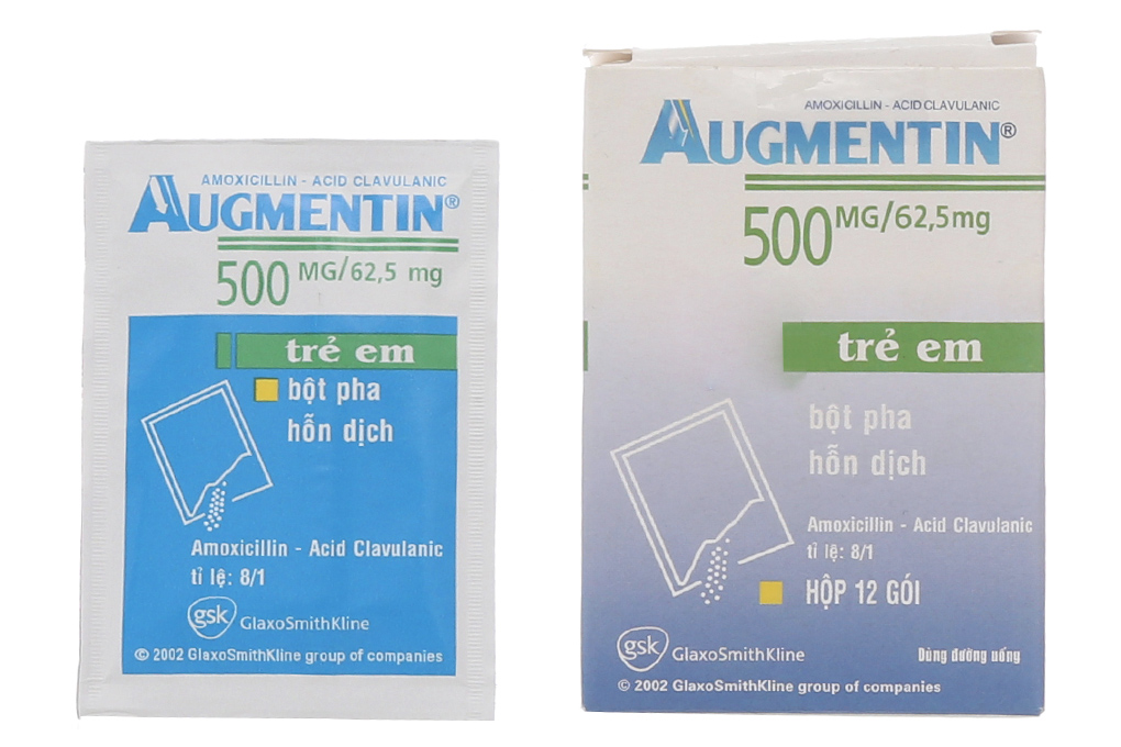 Bột pha hỗn dịch uống Augmentin 500mg/62.5mg trị nhiễm khuẩn hộp 12 gói