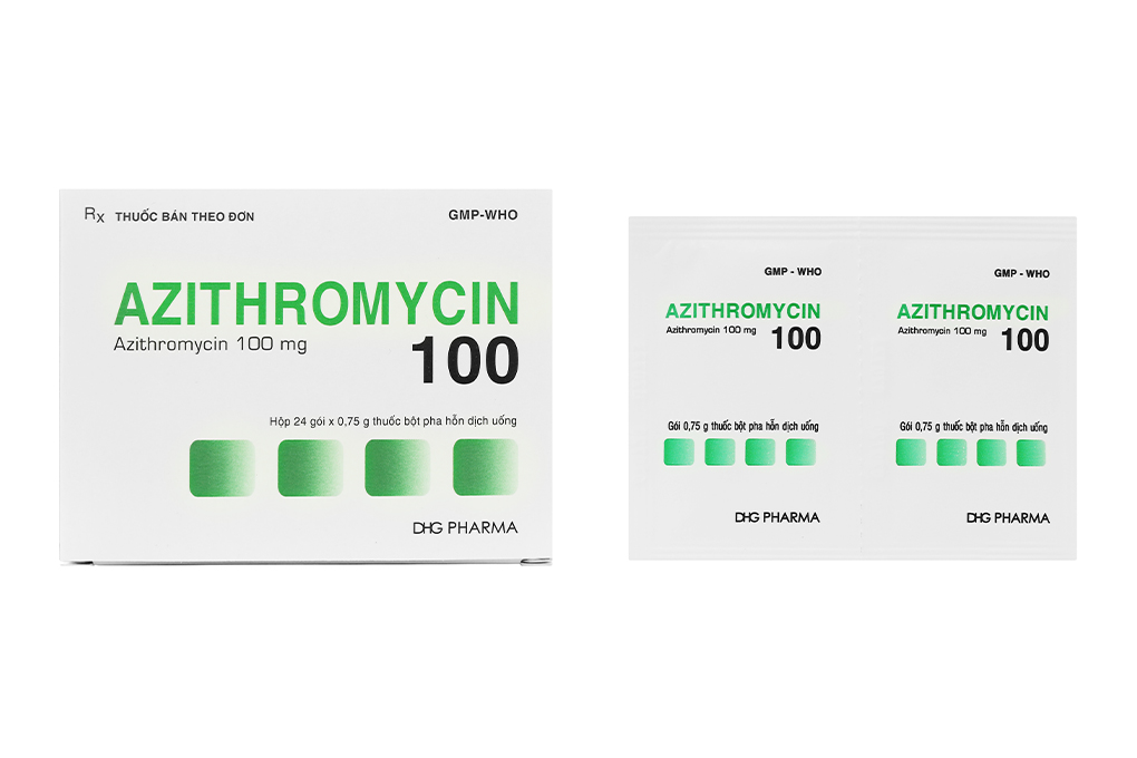 Bột pha hỗn dịch uống Azithromycin 100 trị nhiễm khuẩn hộp 24 gói