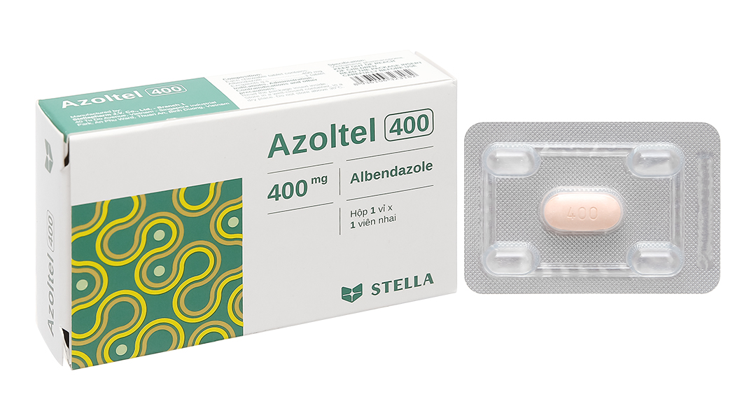 Viên nhai Azoltel 400 trị giun sán (1 vỉ x 1 viên)