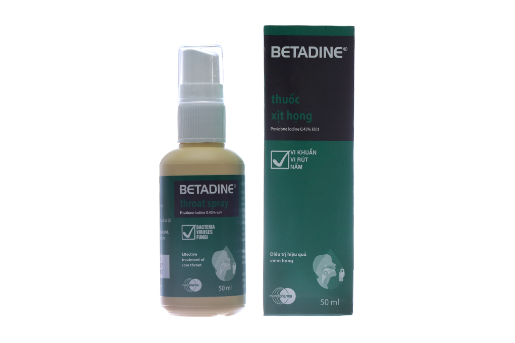 Thuốc xịt họng Betadine 0.45% trị nhiễm khuẩn miệng, họng chai 50ml