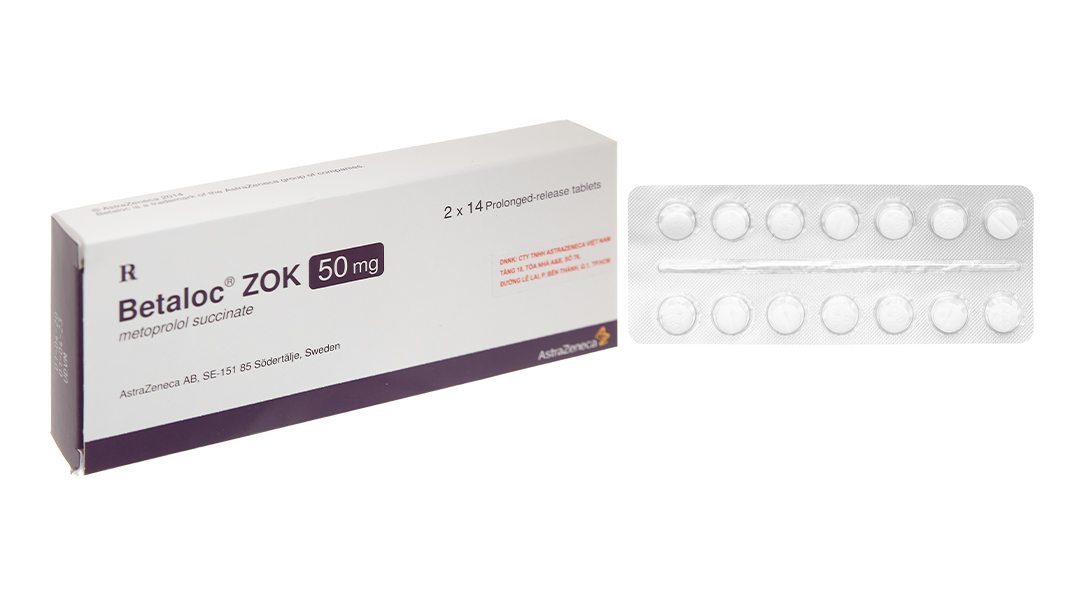 Betaloc ZOK 50mg trị tăng huyết áp, đau thắt ngực (2 vỉ x 14 viên)