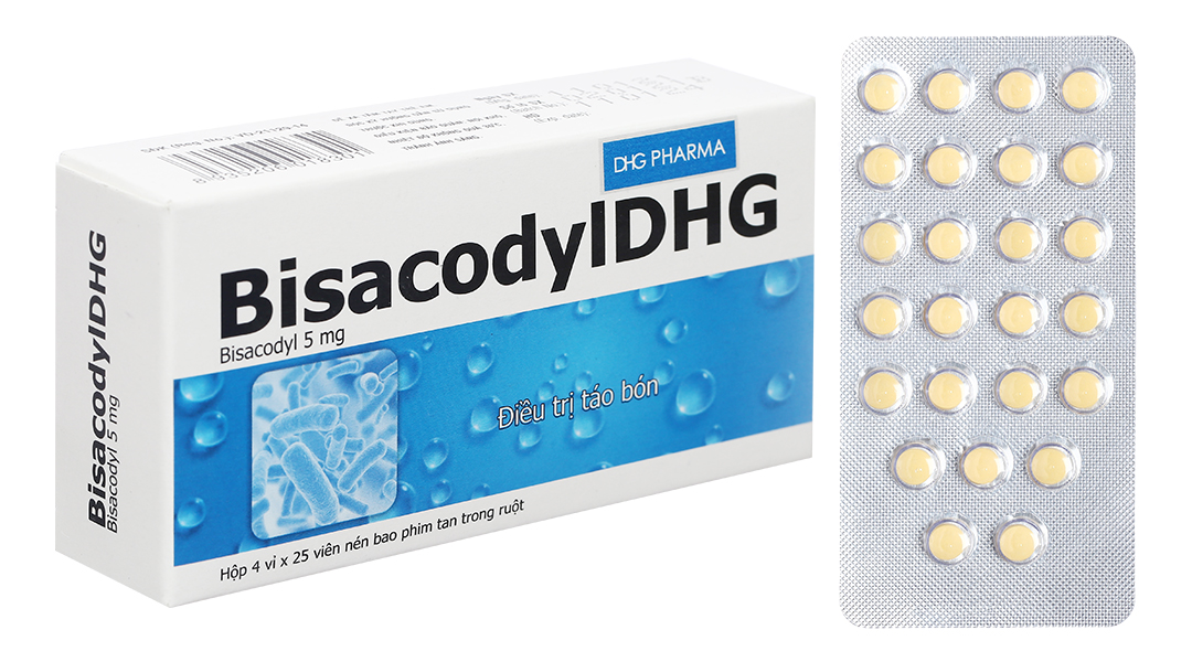 BisacodylDHG 5mg trị táo bón, làm sạch ruột trước phẫu thuật (4 vỉ x 25 viên)