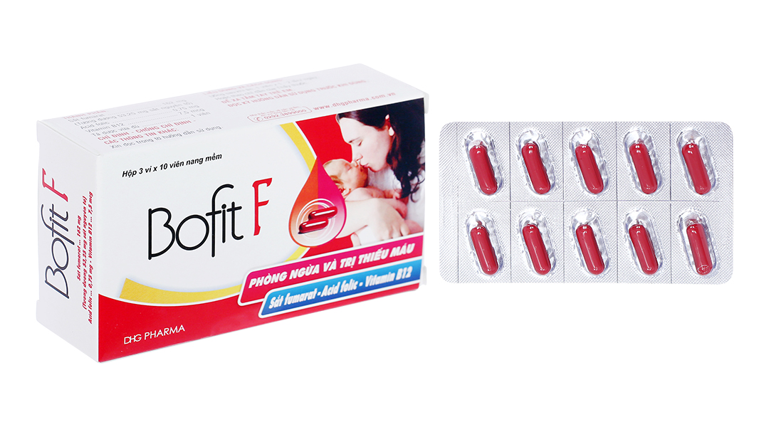 Bofit F bổ sung sắt và axit folic, trị thiếu máu (3 vỉ x 10 viên)