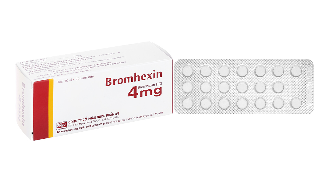 Bromhexin F.T Pharma 4mg tan đàm trong bệnh lý hô hấp (10 vỉ x 20 viên)