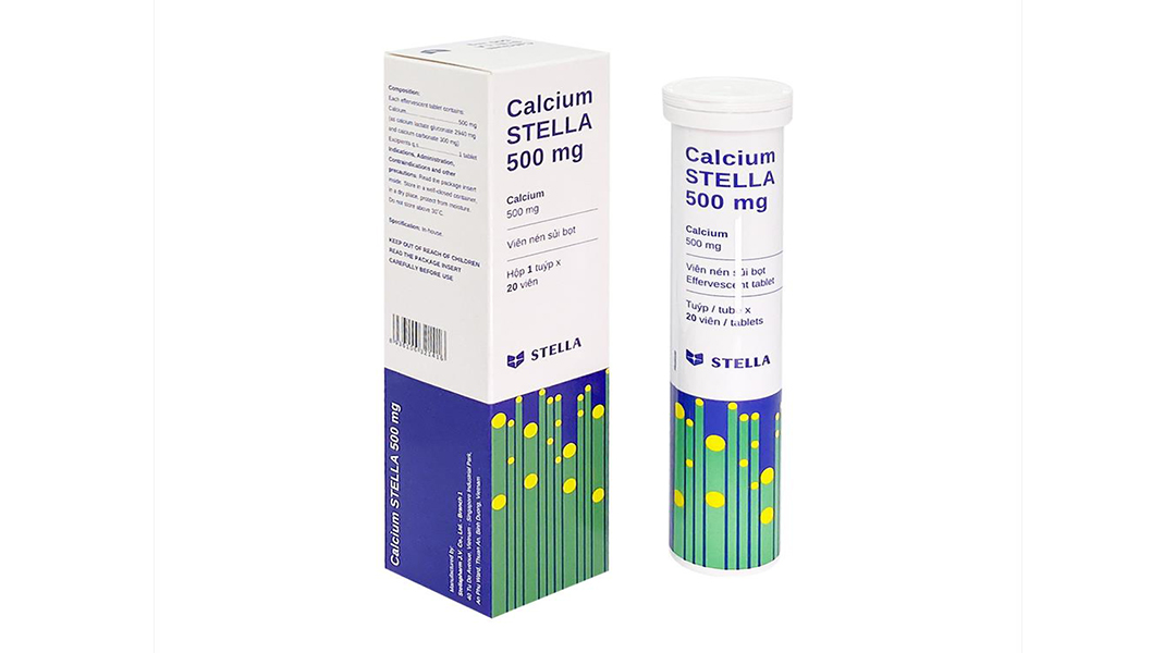 Calcium Stella 500mg tuýp 20 viên trị loãng xương, còi xương