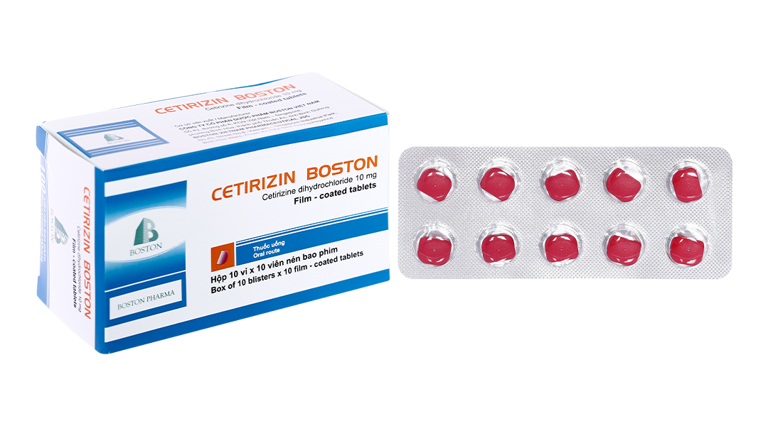 Cetirizin Boston 10mg trị viêm mũi dị ứng, mày đay (10 vỉ x 10 viên)