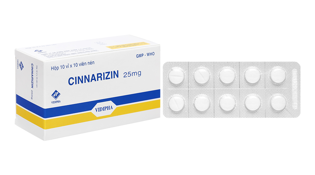 Cinnarizin Vidipha 25mg trị rối loạn tiền đình, chống say xe (10 vỉ x 10 viên)