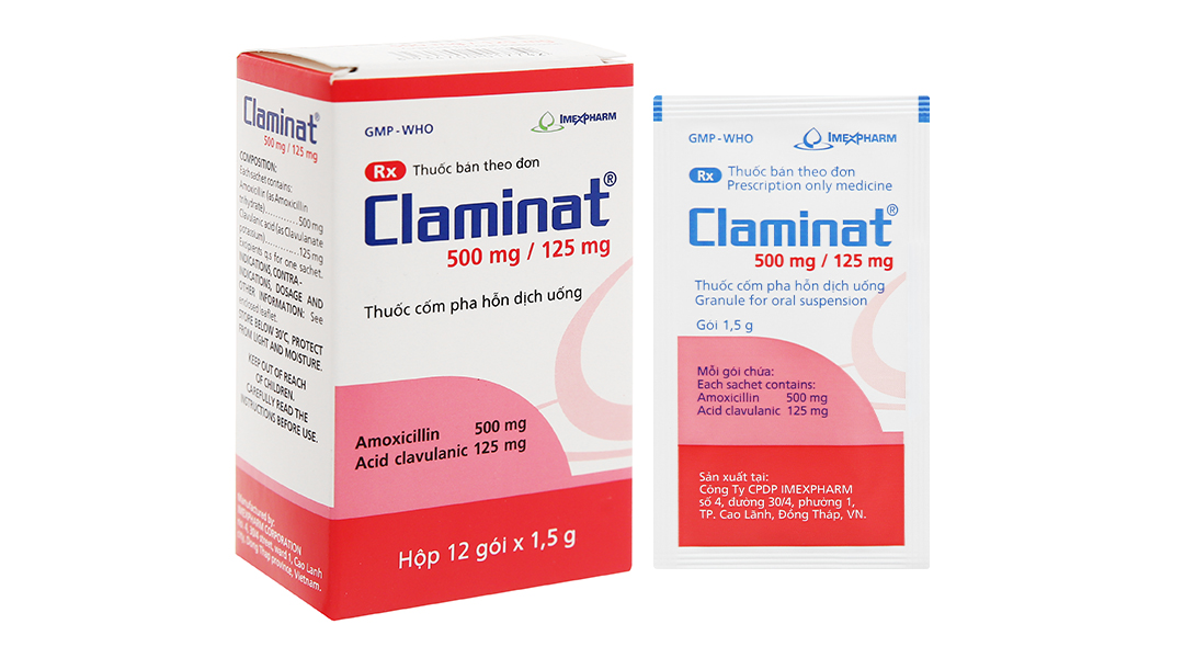 Cốm pha hỗn dịch uống Claminat 500mg/125mg trị nhiễm khuẩn (12 gói x 1.5g)