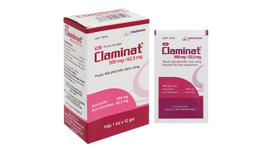 Cốm pha hỗn dịch uống Claminat 500mg/62.5mg trị nhiễm khuẩn hộp 12 gói