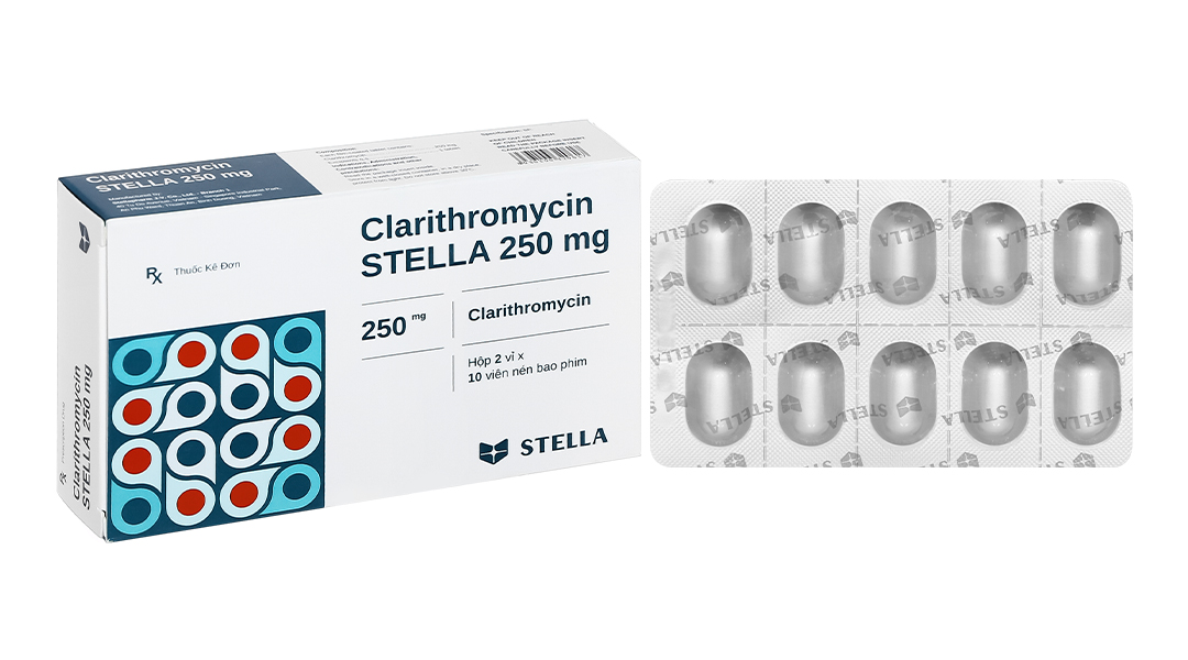 Clarithromycin Stella 250mg trị nhiễm khuẩn (2 vỉ x 10 viên)