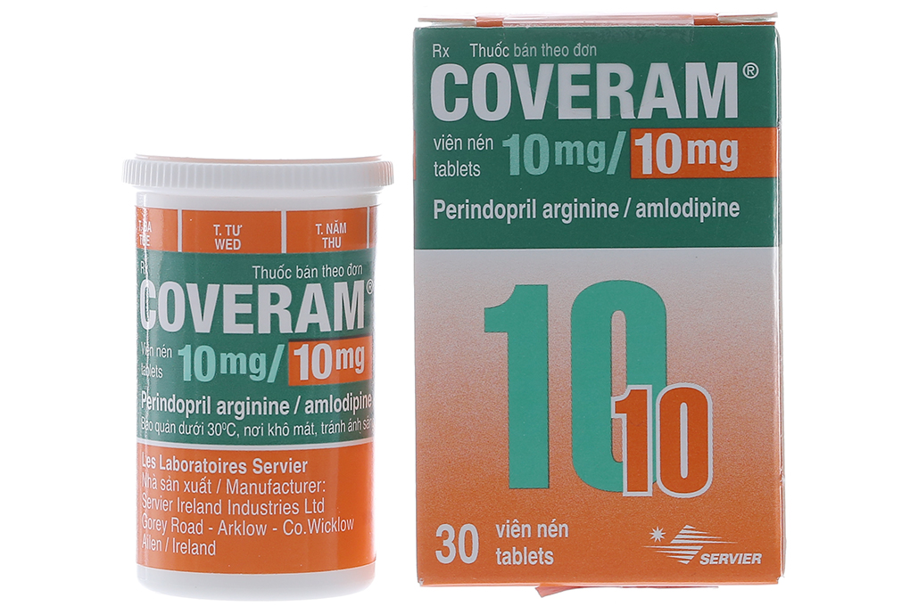 Coveram 10mg/10mg trị tăng huyết áp, mạch vành hộp 30 viên