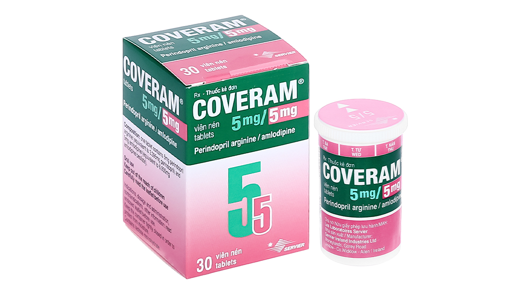 Coveram 5mg/5mg trị tăng huyết áp, mạch vành hộp 30 viên