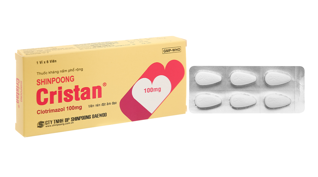 Viên đặt âm đạo Shinpoong Cristan 100mg trị nhiễm nấm âm đạo (1 vỉ x 6 viên)