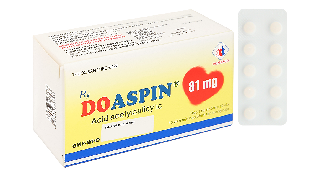 Doaspin 81mg phòng huyết khối tim mạch và não (10 vỉ x 10 viên)