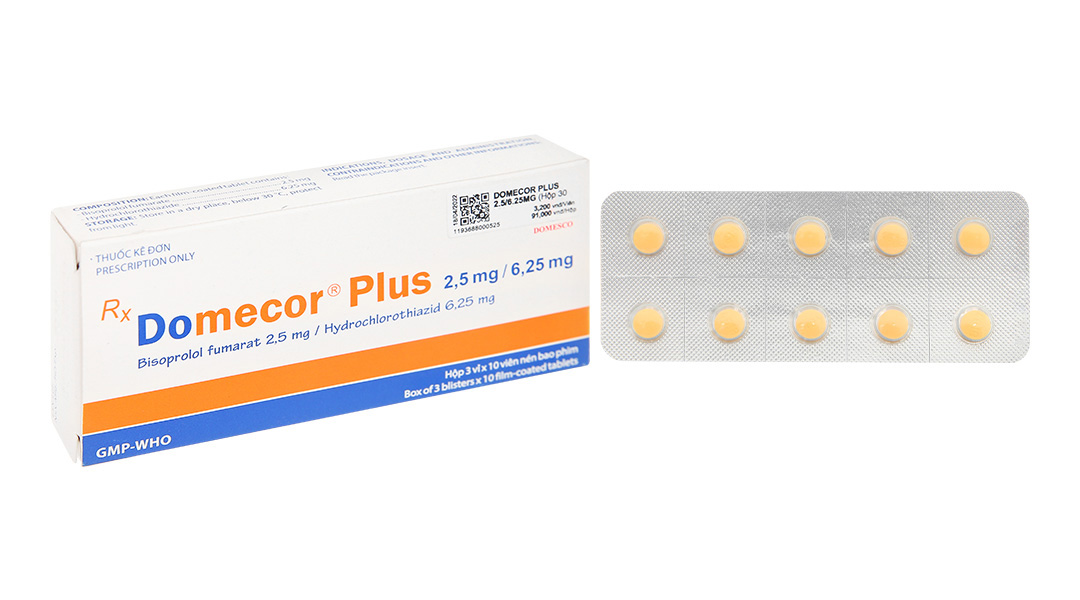 Domecor Plus 2.5mg/6.25mg trị tăng huyết áp (3 vỉ x 10 viên)