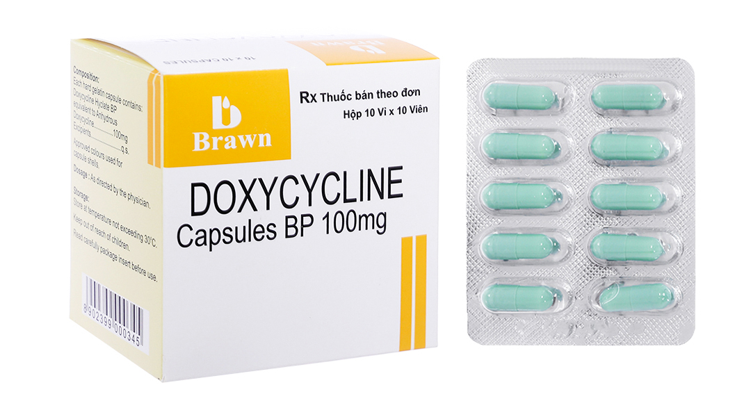 Doxycycline Capsules BP 100mg trị nhiễm khuẩn (10 vỉ x 10 viên)