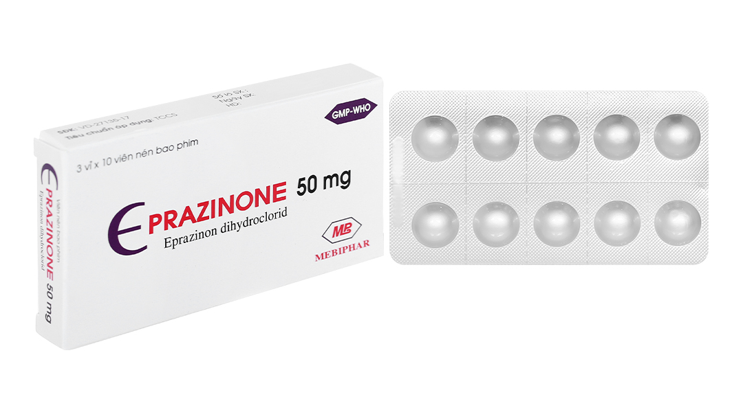 Eprazinone Mebiphar 50mg trị ho, viêm phế quản (3 vỉ x 10 viên)