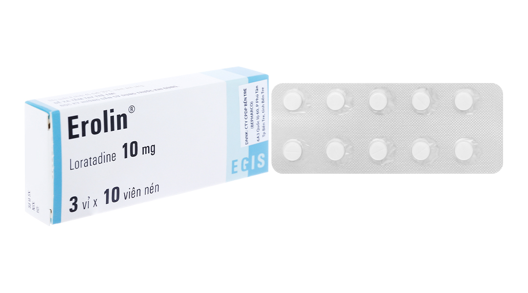 Erolin 10mg trị viêm mũi dị ứng, mày đay (3 vỉ x 10 viên)