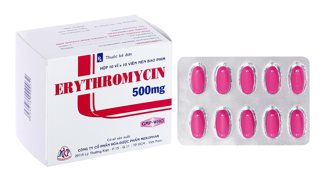 Erythromycin Mekophar 500mg trị nhiễm khuẩn (10 vỉ x 10 viên)