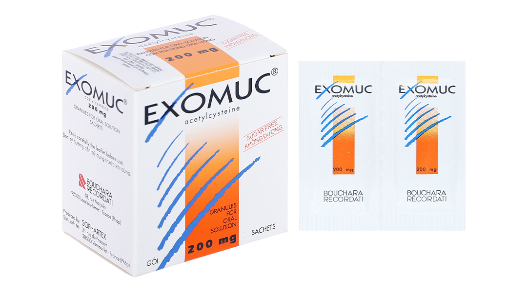 Cốm pha hỗn dịch uống Exomuc 200mg trị rối loạn tiết dịch hô hấp hộp 30 gói