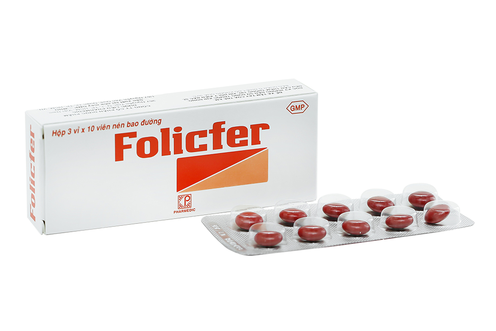 Folicfer bổ sung sắt và axit folic, trị thiếu máu (3 vỉ x 10 viên)