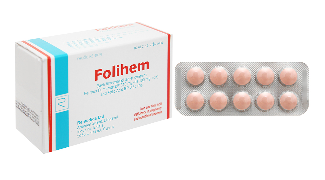 Folihem bổ sung sắt và axit folic, trị thiếu máu (10 vỉ x 10 viên)