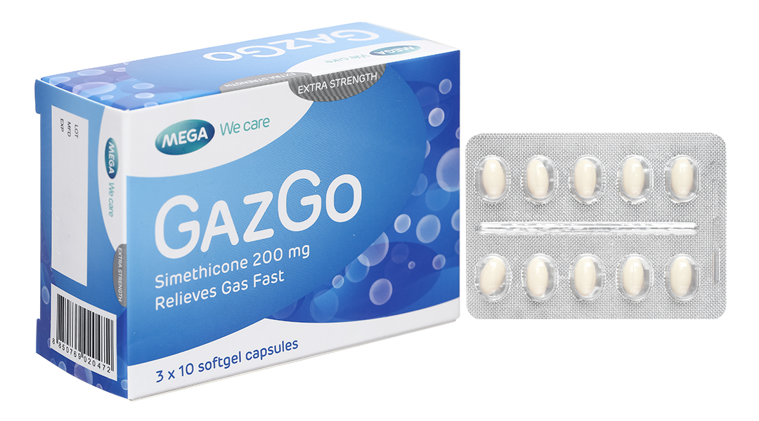 GazGo 200mg trị đầy hơi, khó tiêu (3 vỉ x 10 viên)