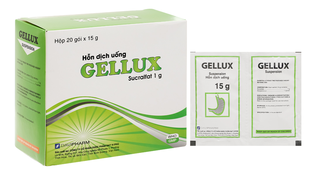 Hỗn dịch uống Gellux 1g trị viêm loét dạ dày, tá tràng (20 gói x 15g)