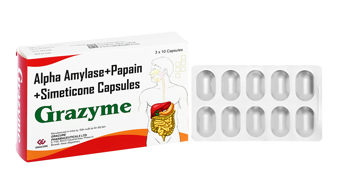 Grazyme trị đầy hơi, khó tiêu (3 vỉ x 10 viên)