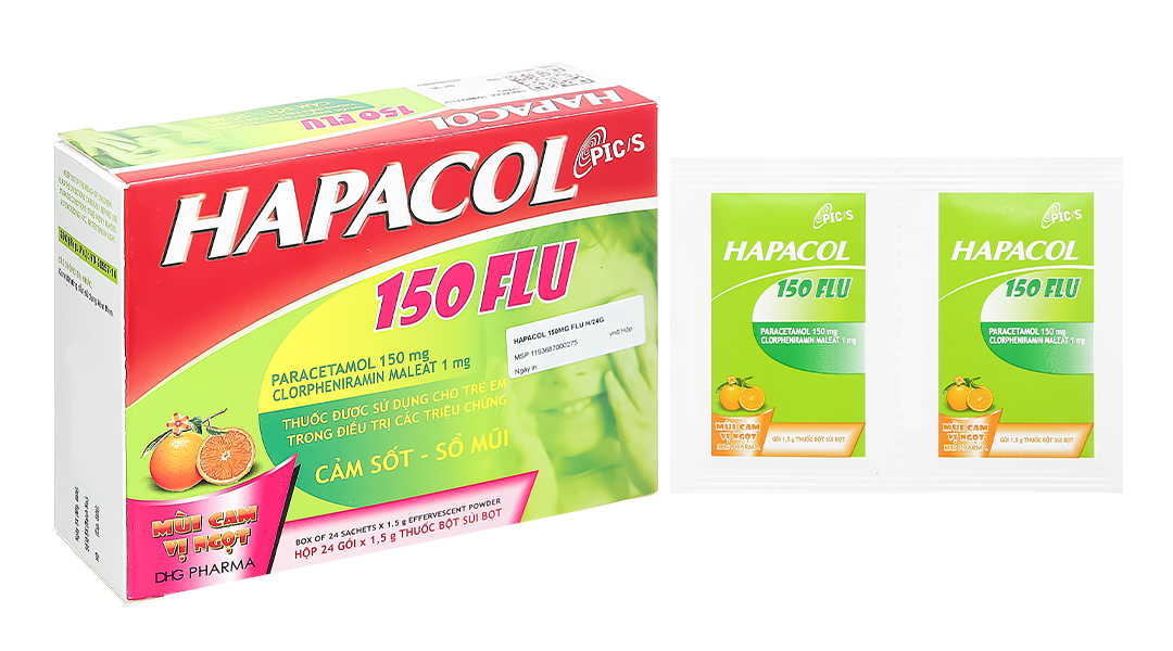 Thuốc cốm sủi bọt Hapacol 150 Flu trị cảm lạnh, cảm cúm hộp 24 gói