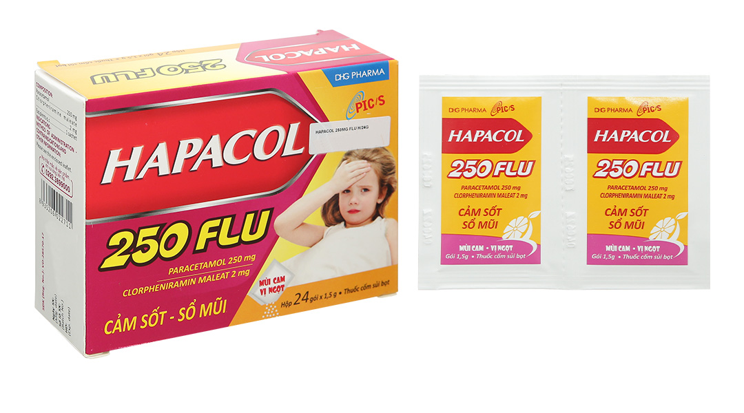 Thuốc cốm sủi bọt Hapacol 250 Flu trị cảm cúm, sổ mũi hộp 24 gói