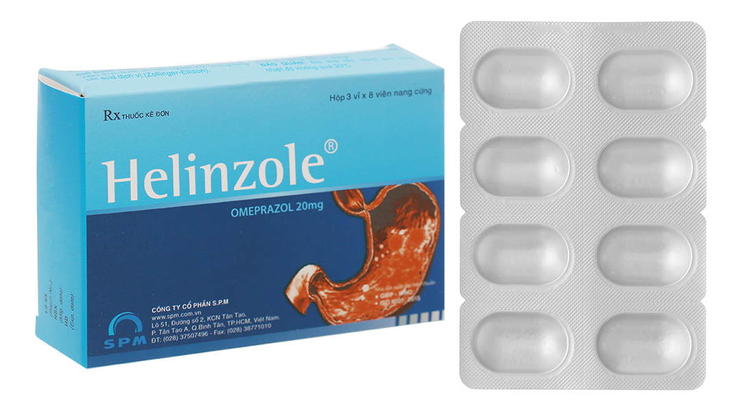 Helinzole 20mg trị trào ngược dạ dày, thực quản (3 vỉ x 8 viên)