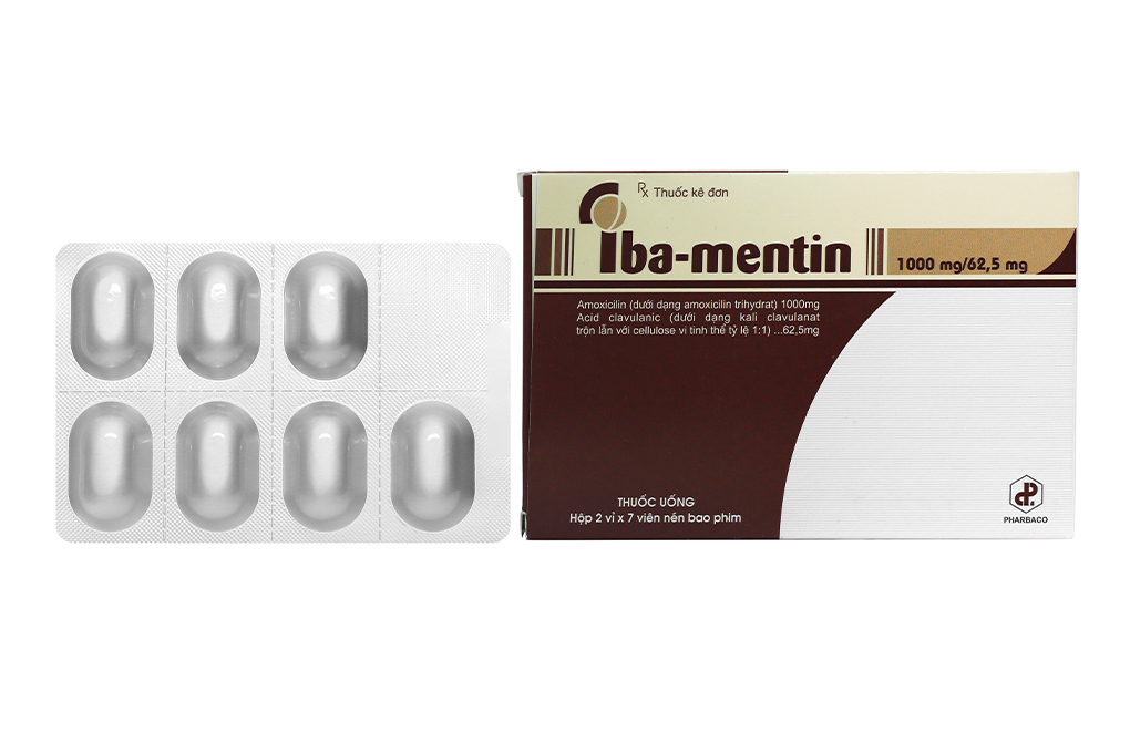 Iba-mentin 1000mg/62.5mg trị nhiễm khuẩn (2 vỉ x 7 viên)