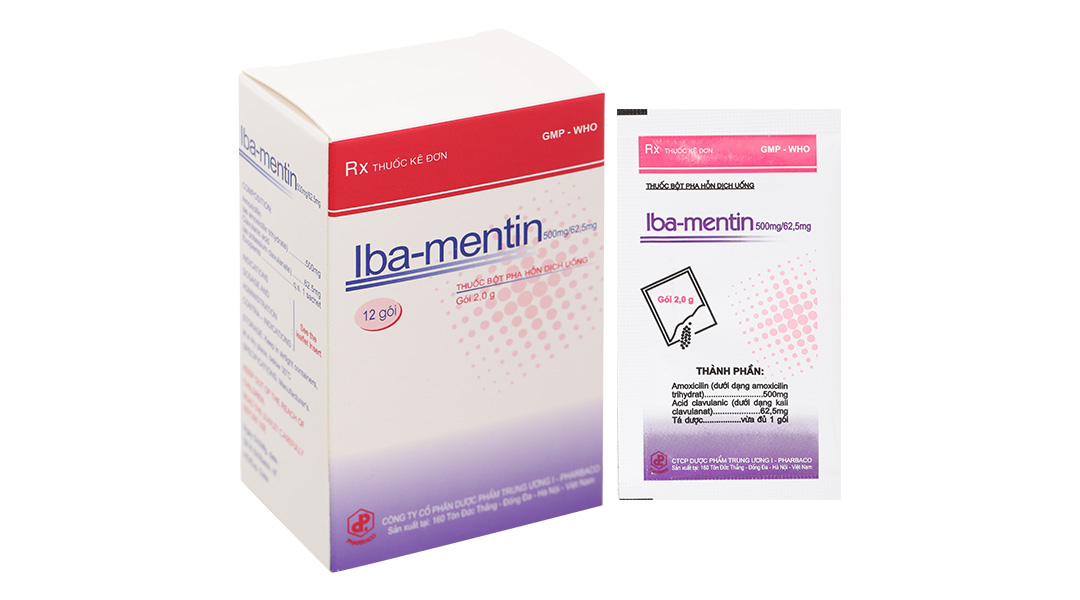 Bột pha hỗn dịch uống Iba-Mentin 500mg/62.5mg trị nhiễm khuẩn (12 gói x 2.0g)