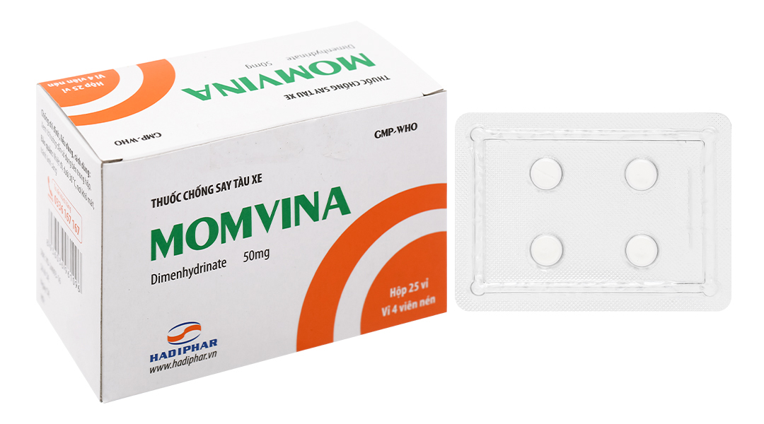 Momvina 50mg trị rối loạn tiền đình, chống say xe (25 vỉ x 4 viên)