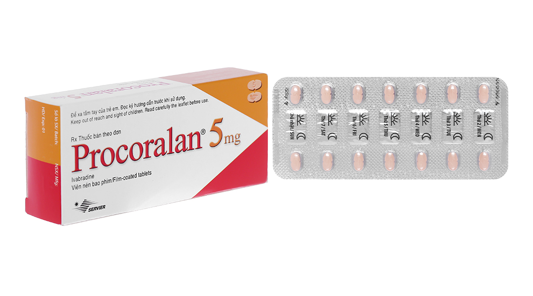 Procoralan 5mg trị đau thắt ngực, suy tim (4 vỉ x 14 viên)