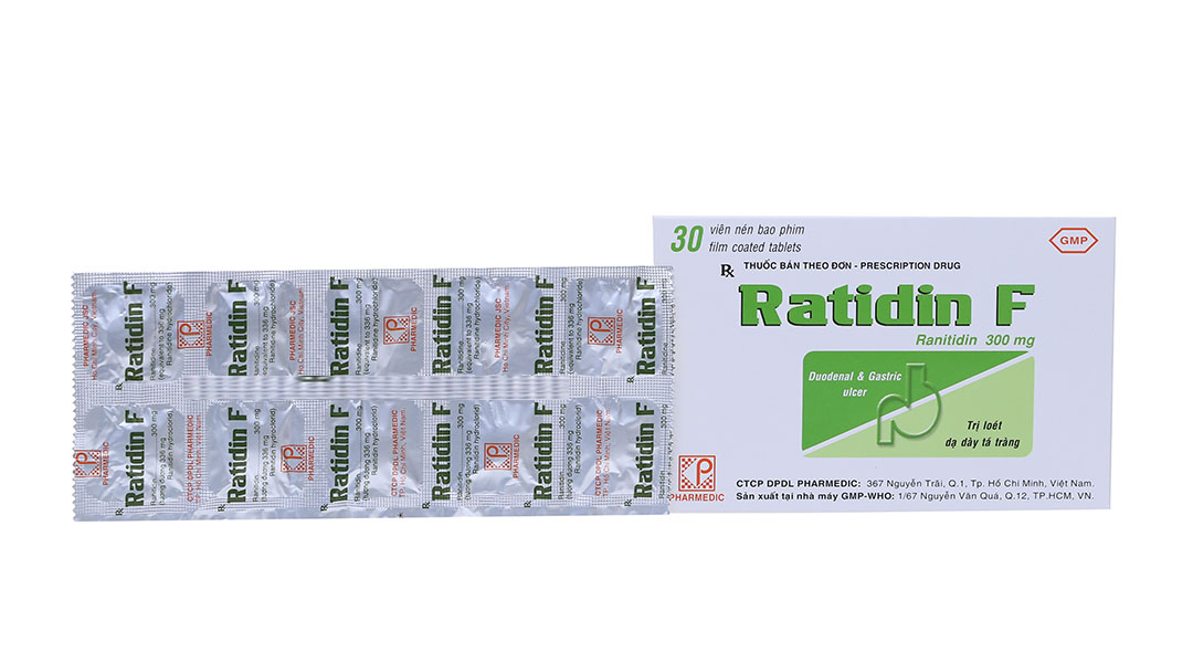 Ratidin F 300mg trị trào ngược dạ dày, thực quản (3 vỉ x 10 viên)