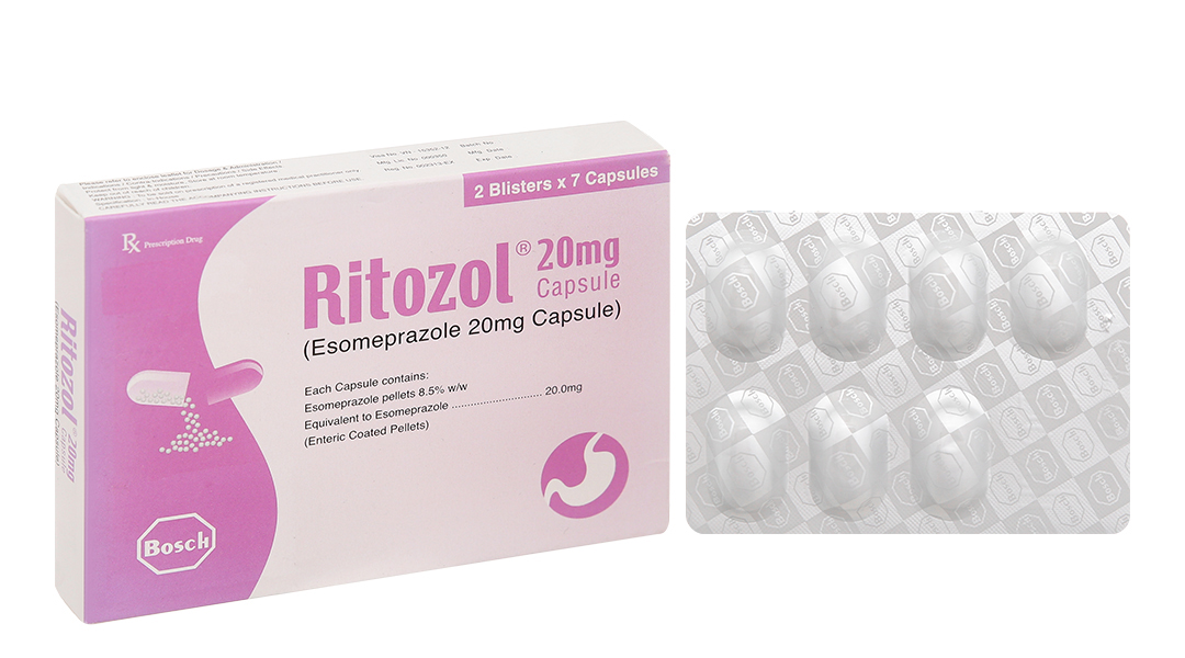 Ritozol 20mg Capsule trị trào ngược dạ dày, thực quản (2 vỉ x 7 viên)