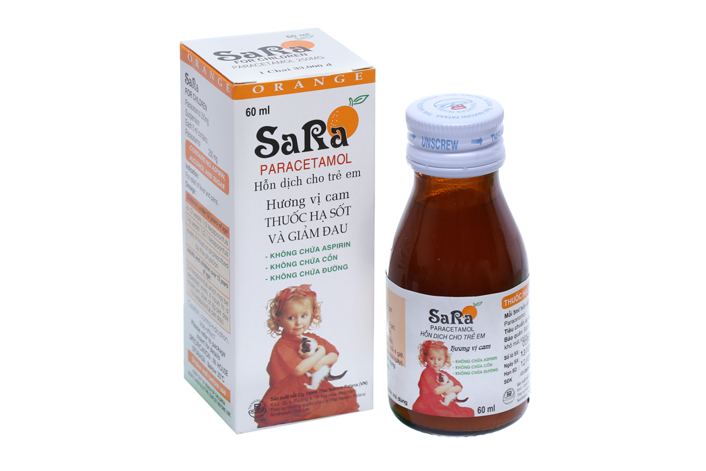 Hỗn dịch uống Sara hương cam 250mg/5ml giảm đau, hạ sốt chai 60ml