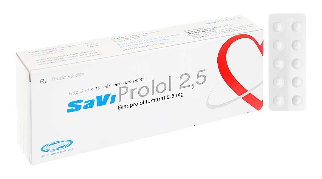 SaviProlol 2.5mg điều trị tăng huyết áp, đau thắt ngực (3 vỉ x 10 viên)